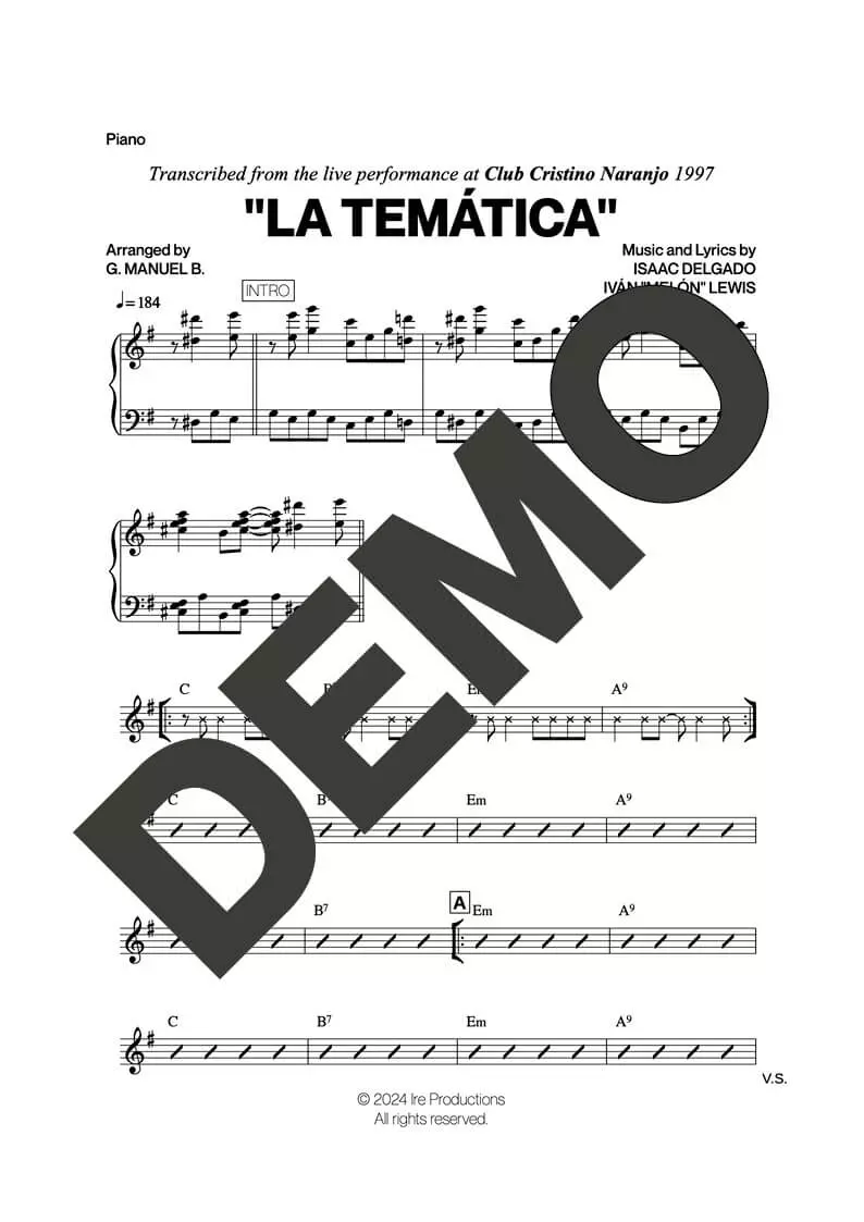 Issac Delgado – La Temática – Sheet Music Demo Page 3 (PDF) – Includes charts for Trumpets, Trombones, Saxophone, Piano and Bass