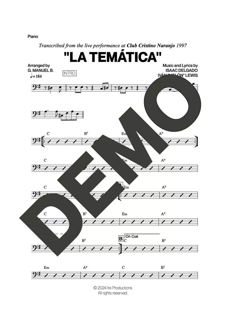 Issac Delgado – La Temática – Sheet Music Demo Page 4 (PDF) – Includes charts for Trumpets, Trombones, Saxophone, Piano and Bass