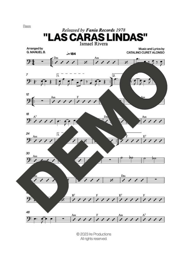 Ismael Rivera – Las Caras Lindas – Sheet Music Demo Page 3 (PDF) – Includes charts for Trumpets, Trombones, Saxophone, Piano and Bass