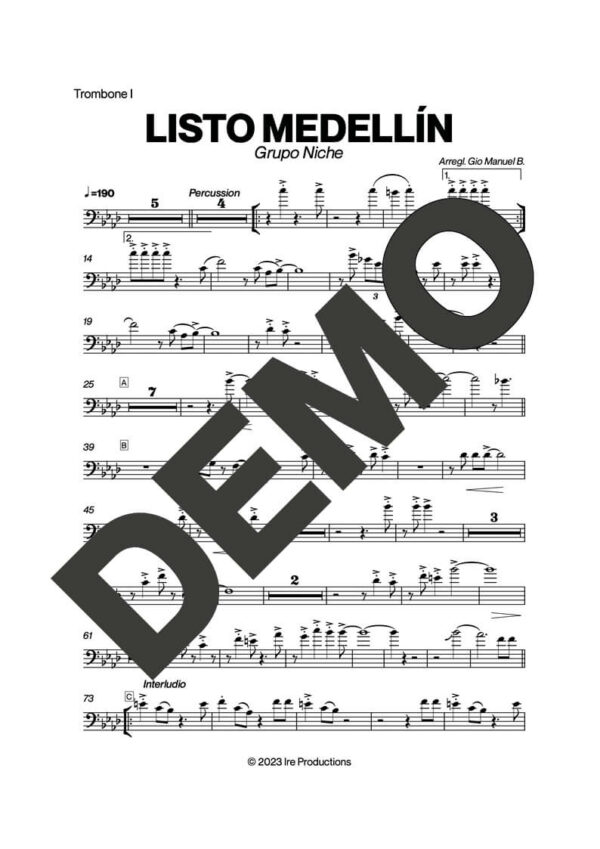 Grupo Niche – Listo Medellín – Sheet Music Demo Page 1 (PDF) – Includes charts for Trumpets, Trombones, Saxophone, Piano and Bass