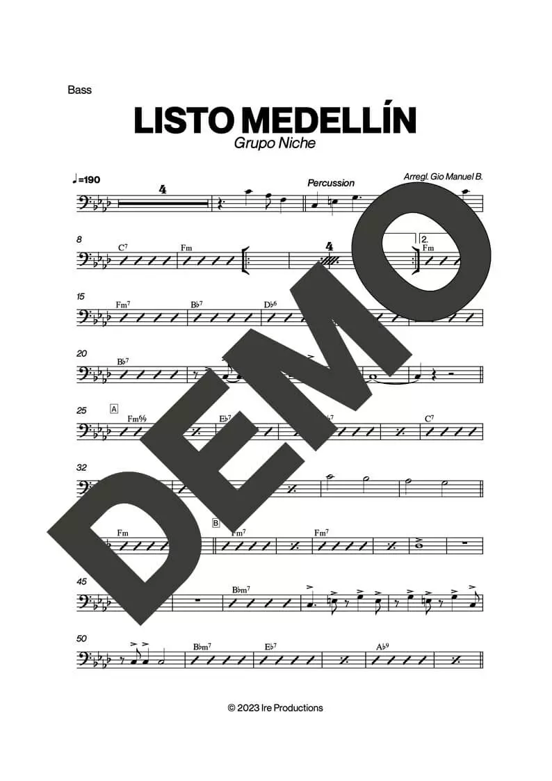 Grupo Niche – Listo Medellín – Sheet Music Demo Page 3 (PDF) – Includes charts for Trumpets, Trombones, Saxophone, Piano and Bass