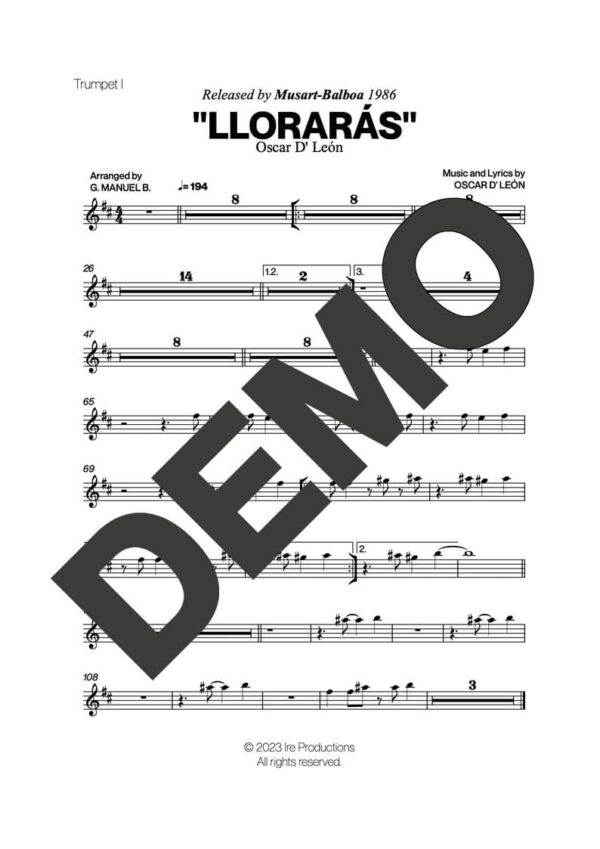 Oscar D' León – Llorarás – First Page of Sheet Music Preview (PDF) – Includes charts for Trumpets, Trombones, Saxophone, Piano and Bass