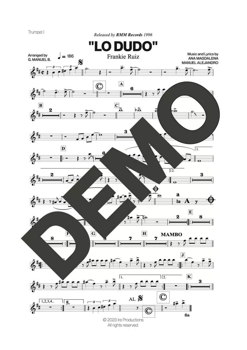 Frankie Ruiz – Lo Dudo – First Page of Sheet Music Preview (PDF) – Includes charts for Trumpets, Trombones, Saxophone, Piano and Bass