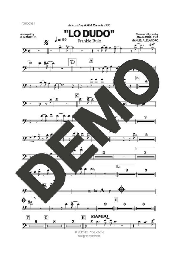 Frankie Ruiz – Lo Dudo – Sheet Music Demo Page 1 (PDF) – Includes charts for Trumpets, Trombones, Saxophone, Piano and Bass