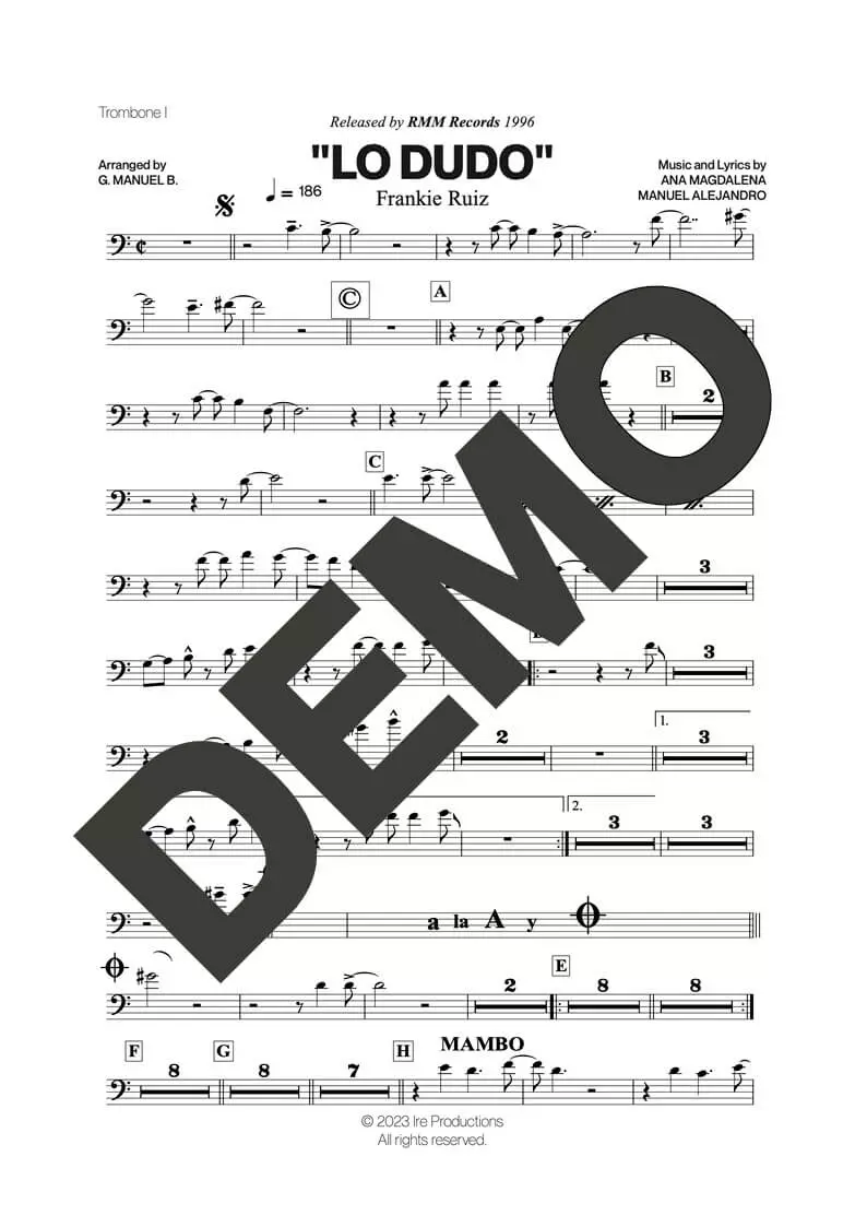 Frankie Ruiz – Lo Dudo – Sheet Music Demo Page 1 (PDF) – Includes charts for Trumpets, Trombones, Saxophone, Piano and Bass
