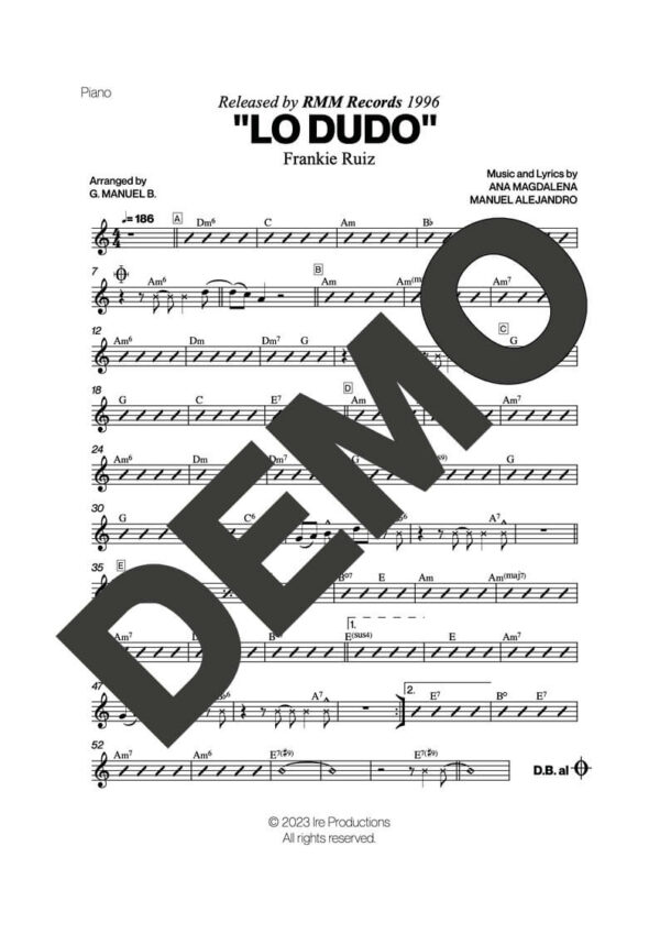 Frankie Ruiz – Lo Dudo – Sheet Music Demo Page 2 (PDF) – Includes charts for Trumpets, Trombones, Saxophone, Piano and Bass