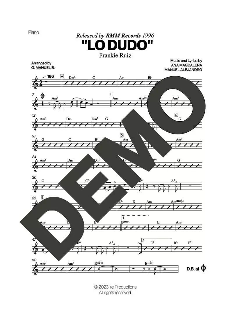 Frankie Ruiz – Lo Dudo – Sheet Music Demo Page 2 (PDF) – Includes charts for Trumpets, Trombones, Saxophone, Piano and Bass