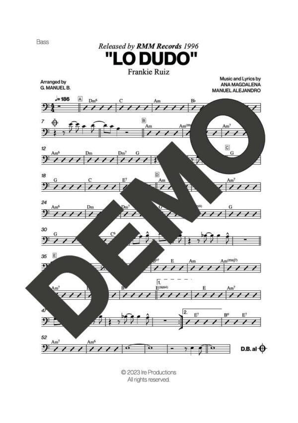Frankie Ruiz – Lo Dudo – Sheet Music Demo Page 3 (PDF) – Includes charts for Trumpets, Trombones, Saxophone, Piano and Bass