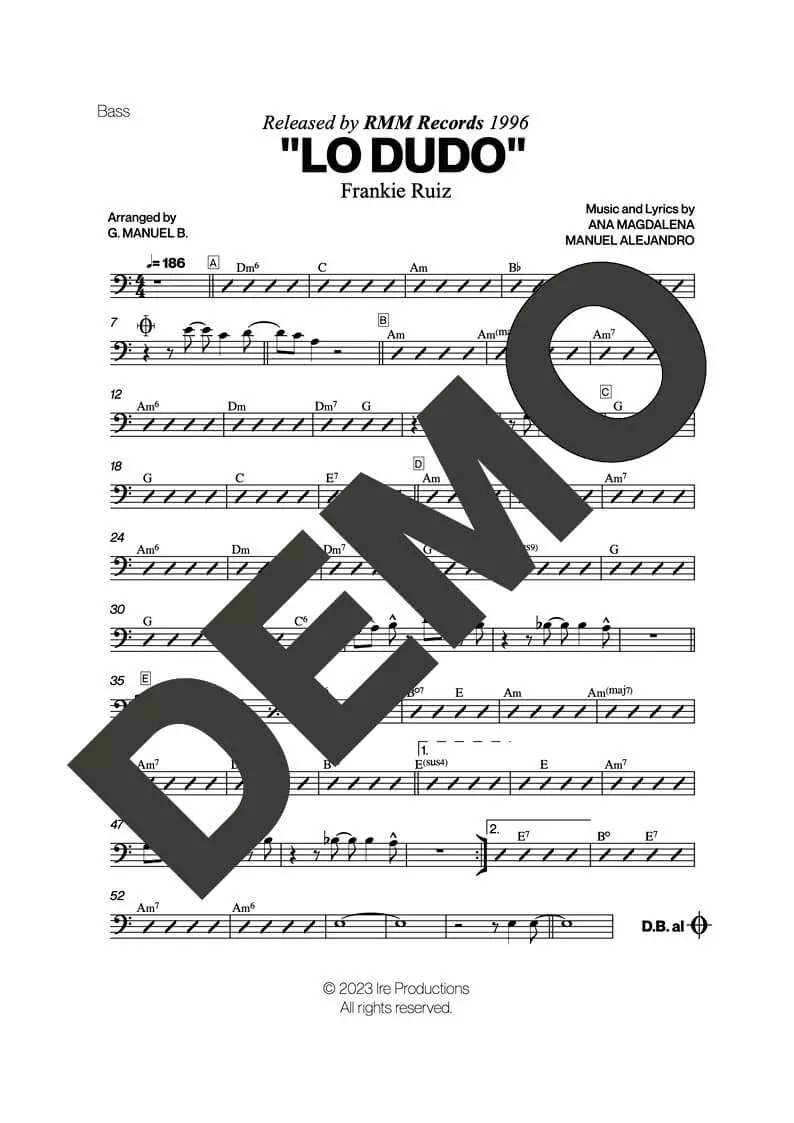Frankie Ruiz – Lo Dudo – Sheet Music Demo Page 3 (PDF) – Includes charts for Trumpets, Trombones, Saxophone, Piano and Bass