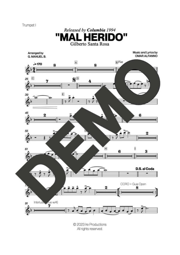 Gilberto Santa Rosa – Mal Herido – Sheet Music Demo Page 1 (PDF) – Includes charts for Trumpets, Trombones, Saxophone, Piano and Bass