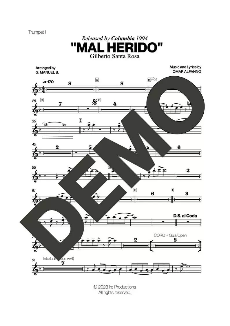 Gilberto Santa Rosa – Mal Herido – Sheet Music Demo Page 1 (PDF) – Includes charts for Trumpets, Trombones, Saxophone, Piano and Bass