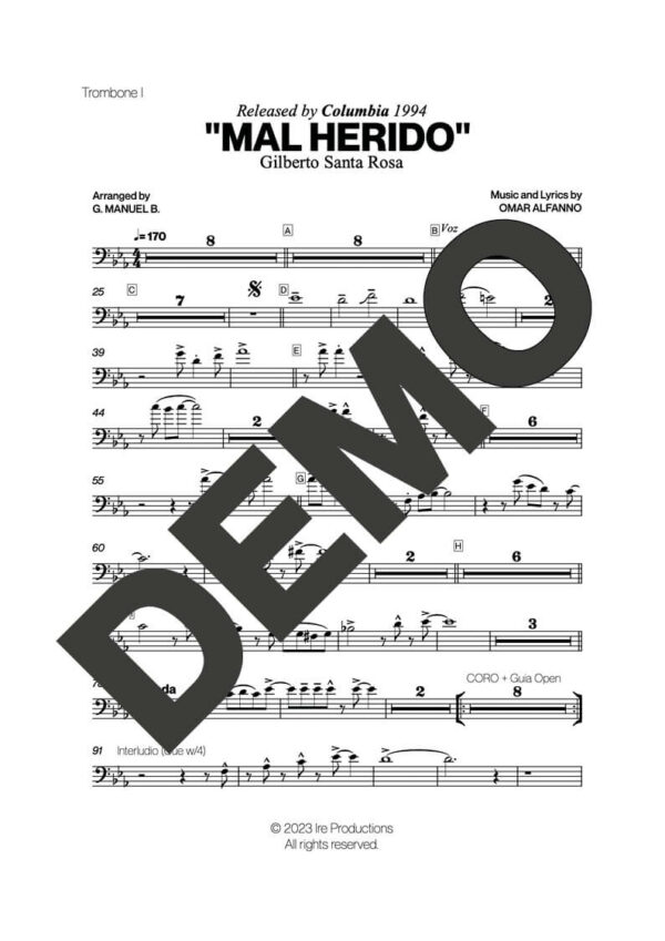 Gilberto Santa Rosa – Mal Herido – Sheet Music Demo Page 2 (PDF) – Includes charts for Trumpets, Trombones, Saxophone, Piano and Bass