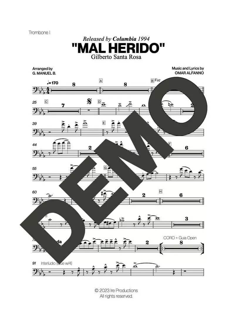 Gilberto Santa Rosa – Mal Herido – Sheet Music Demo Page 2 (PDF) – Includes charts for Trumpets, Trombones, Saxophone, Piano and Bass