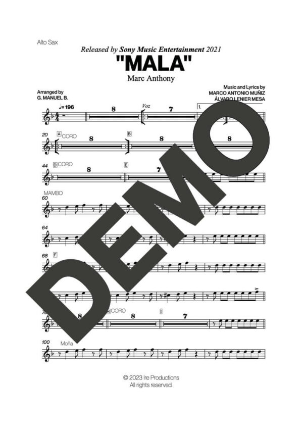 Marc Anthony – Mala – First Page of Sheet Music Preview (PDF) – Includes charts for Trumpets, Trombones, Saxophone, Piano and Bass