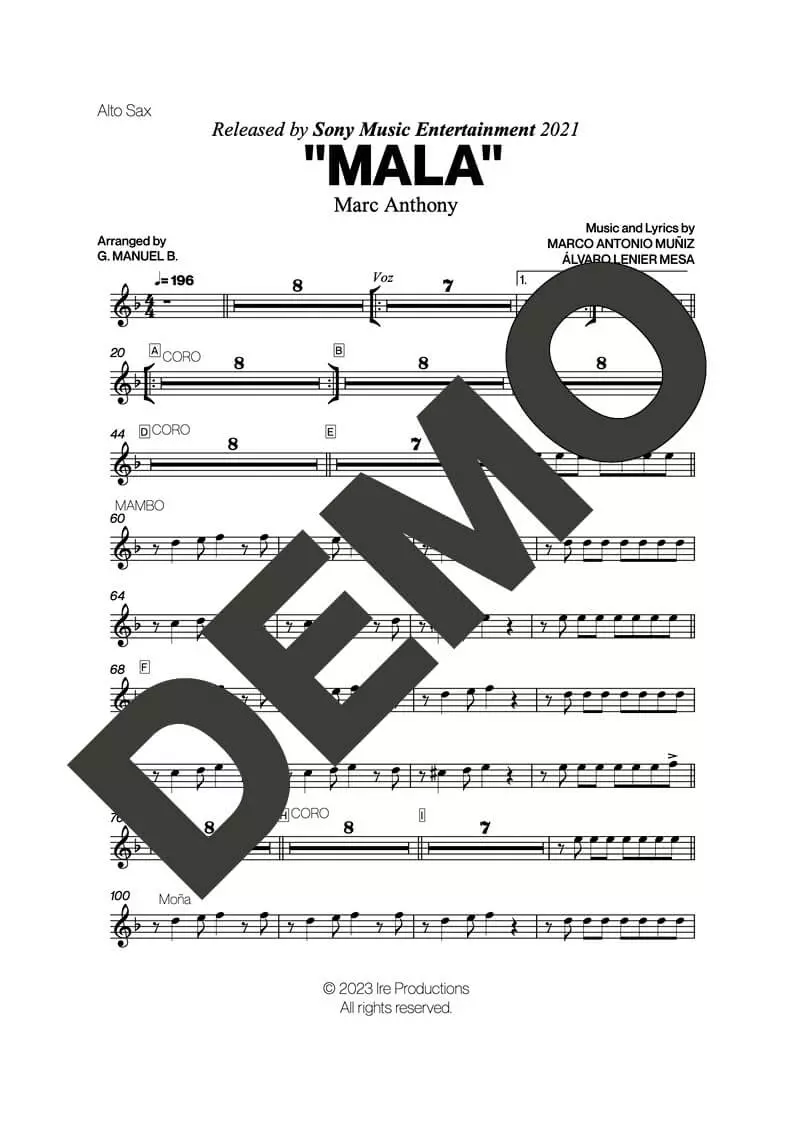 Marc Anthony – Mala – First Page of Sheet Music Preview (PDF) – Includes charts for Trumpets, Trombones, Saxophone, Piano and Bass