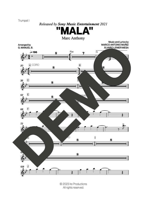 Marc Anthony – Mala – Sheet Music Demo Page 1 (PDF) – Includes charts for Trumpets, Trombones, Saxophone, Piano and Bass