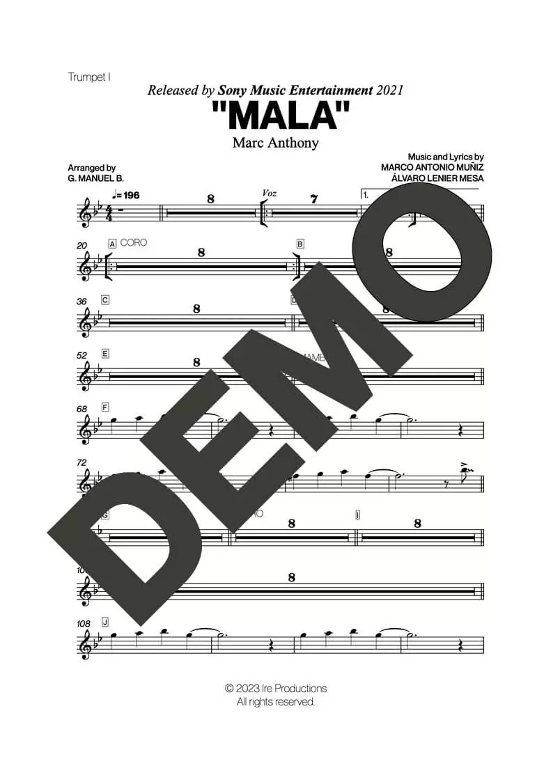Marc Anthony – Mala – Sheet Music Demo Page 1 (PDF) – Includes charts for Trumpets, Trombones, Saxophone, Piano and Bass