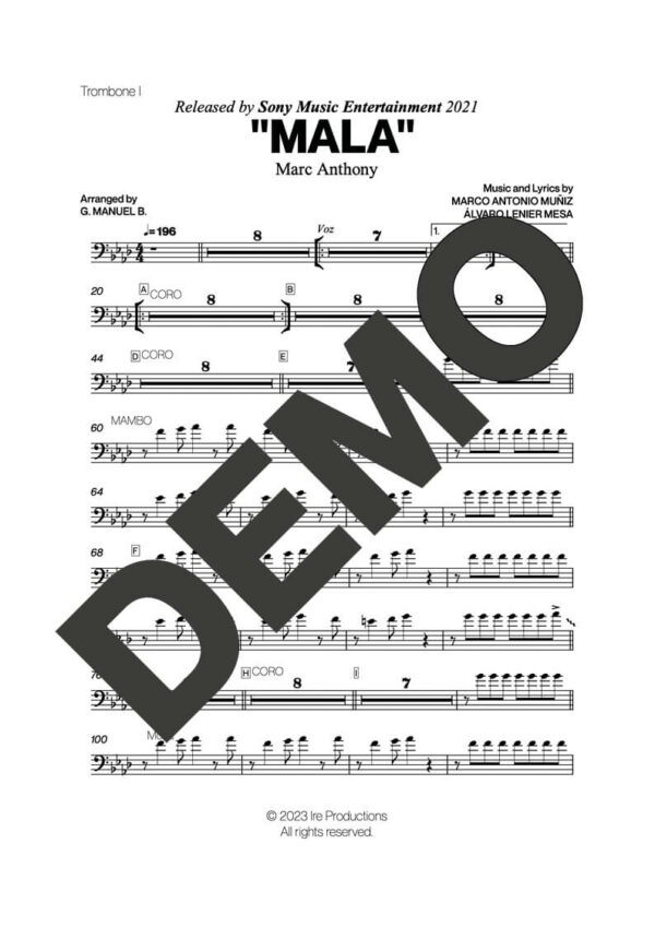 Marc Anthony – Mala – Sheet Music Demo Page 2 (PDF) – Includes charts for Trumpets, Trombones, Saxophone, Piano and Bass