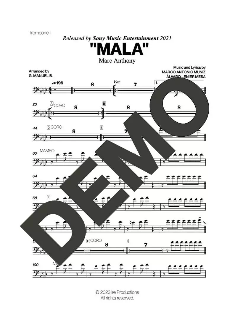Marc Anthony – Mala – Sheet Music Demo Page 2 (PDF) – Includes charts for Trumpets, Trombones, Saxophone, Piano and Bass