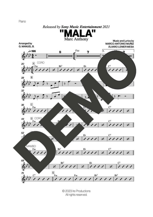 Marc Anthony – Mala – Sheet Music Demo Page 3 (PDF) – Includes charts for Trumpets, Trombones, Saxophone, Piano and Bass