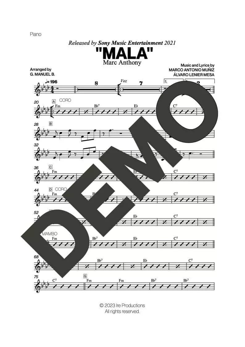 Marc Anthony – Mala – Sheet Music Demo Page 3 (PDF) – Includes charts for Trumpets, Trombones, Saxophone, Piano and Bass