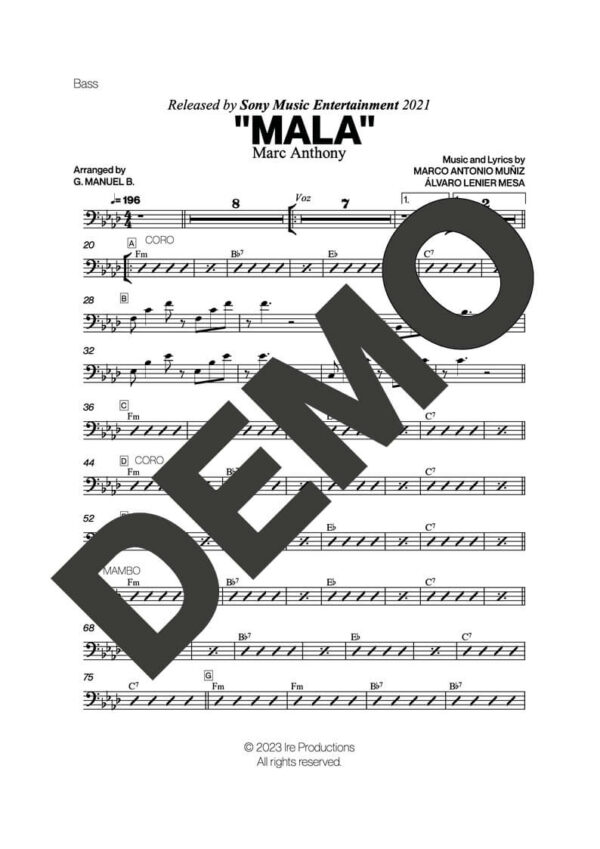 Marc Anthony – Mala – Sheet Music Demo Page 4 (PDF) – Includes charts for Trumpets, Trombones, Saxophone, Piano and Bass