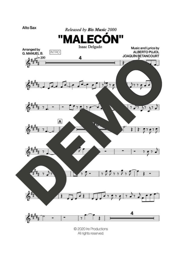 Issac Delgado – Malecón – First Page of Sheet Music Preview (PDF) – Includes charts for Trumpets, Trombones, Saxophone, Piano and Bass