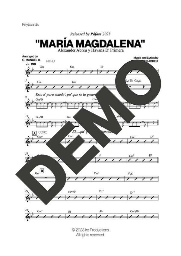Havana D' Primera – María Magdalena – Sheet Music Demo Page 4 (PDF) – Includes charts for Trumpets, Trombones, Saxophone, Piano and Bass