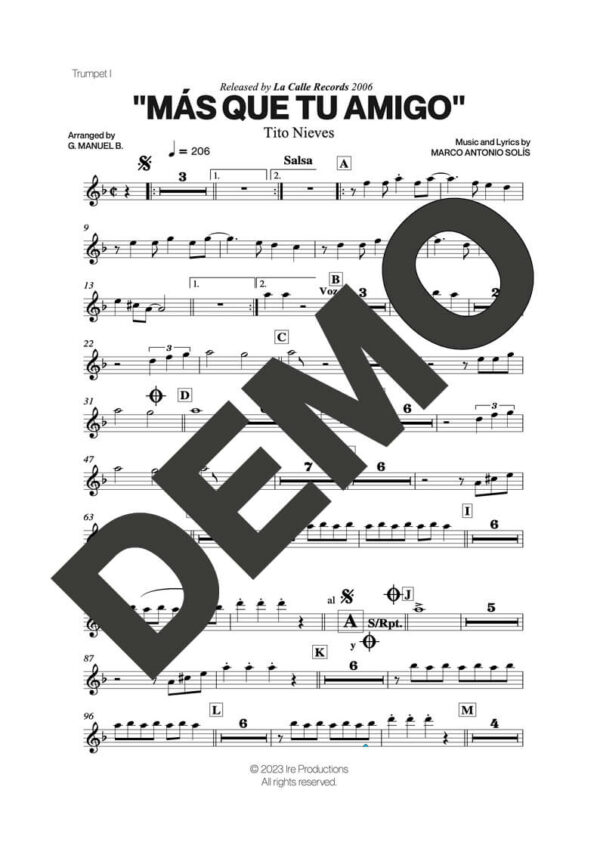 Tito Nieves – Más Que Tu Amigo – First Page of Sheet Music Preview (PDF) – Includes charts for Trumpets, Trombones, Saxophone, Piano and Bass