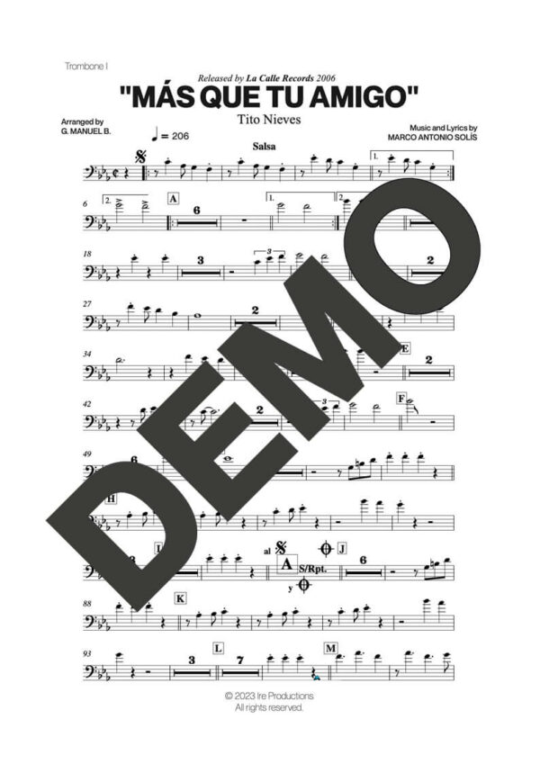 Tito Nieves – Más Que Tu Amigo – Sheet Music Demo Page 1 (PDF) – Includes charts for Trumpets, Trombones, Saxophone, Piano and Bass