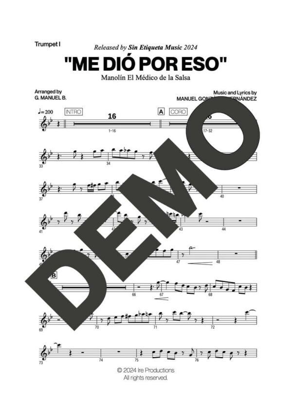 Manolín El Médico de la Salsa – Me Dió Por Eso – Sheet Music Demo Page 1 (PDF) – Includes charts for Trumpets, Trombones, Saxophone, Piano and Bass