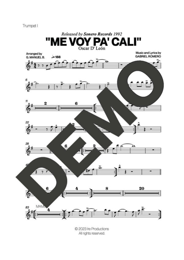 Oscar D' León – Me Voy Pa' Cali – First Page of Sheet Music Preview (PDF) – Includes charts for Trumpets, Trombones, Saxophone, Piano and Bass