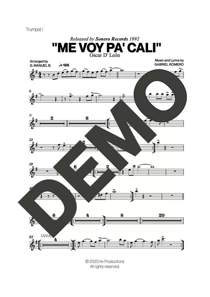 Oscar D' León – Me Voy Pa' Cali – First Page of Sheet Music Preview (PDF) – Includes charts for Trumpets, Trombones, Saxophone, Piano and Bass