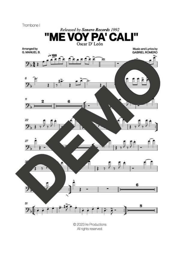 Oscar D' León – Me Voy Pa' Cali – Sheet Music Demo Page 1 (PDF) – Includes charts for Trumpets, Trombones, Saxophone, Piano and Bass