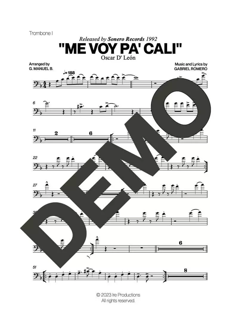 Oscar D' León – Me Voy Pa' Cali – Sheet Music Demo Page 1 (PDF) – Includes charts for Trumpets, Trombones, Saxophone, Piano and Bass