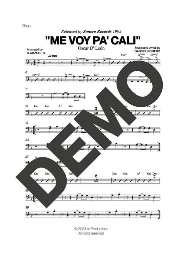 Oscar D' León – Me Voy Pa' Cali – Sheet Music Demo Page 3 (PDF) – Includes charts for Trumpets, Trombones, Saxophone, Piano and Bass