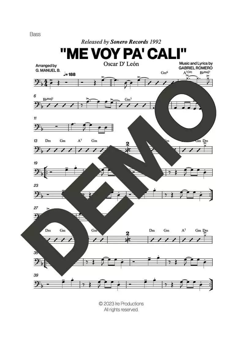 Oscar D' León – Me Voy Pa' Cali – Sheet Music Demo Page 3 (PDF) – Includes charts for Trumpets, Trombones, Saxophone, Piano and Bass