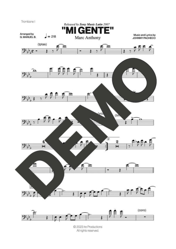 Marc Anthony – Mi Gente – Sheet Music Demo Page 1 (PDF) – Includes charts for Trumpets, Trombones, Saxophone, Piano and Bass