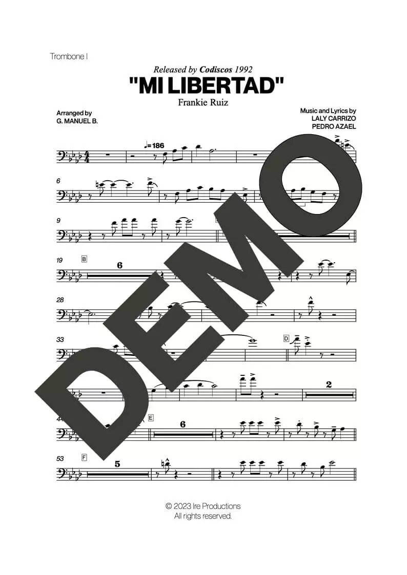 Frankie Ruiz – Mi Libertad – Sheet Music Demo Page 1 (PDF) – Includes charts for Trumpets, Trombones, Saxophone, Piano and Bass