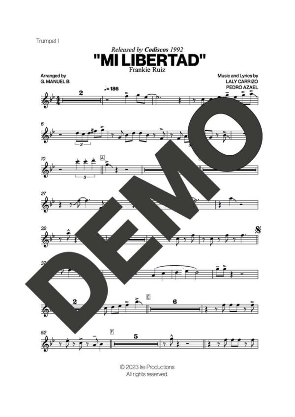Frankie Ruiz – Mi Libertad – Sheet Music Demo Page 3 (PDF) – Includes charts for Trumpets, Trombones, Saxophone, Piano and Bass