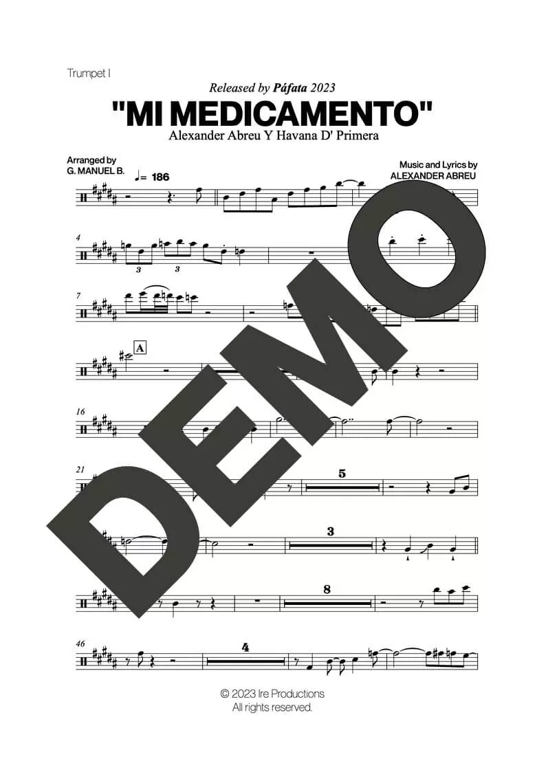 Havana D' Primera – Mi Medicamento – Sheet Music Demo Page 1 (PDF) – Includes charts for Trumpets, Trombones, Saxophone, Piano and Bass