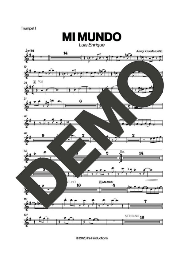 Luis Enrique – Mi Mundo – First Page of Sheet Music Preview (PDF) – Includes charts for Trumpets, Trombones, Saxophone, Piano and Bass