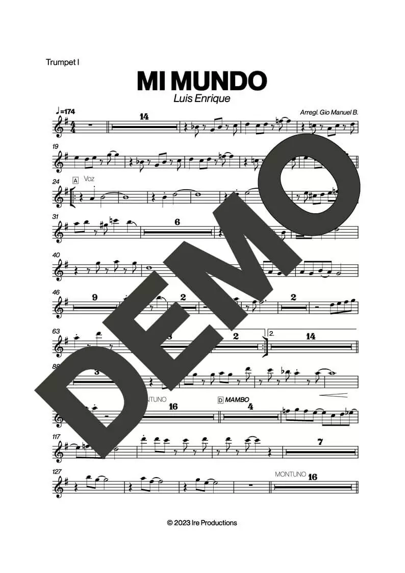 Luis Enrique – Mi Mundo – First Page of Sheet Music Preview (PDF) – Includes charts for Trumpets, Trombones, Saxophone, Piano and Bass