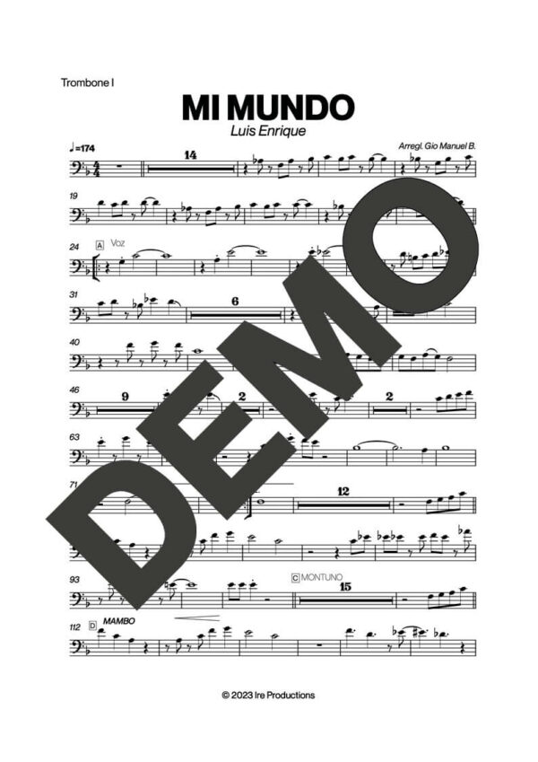 Luis Enrique – Mi Mundo – Sheet Music Demo Page 1 (PDF) – Includes charts for Trumpets, Trombones, Saxophone, Piano and Bass