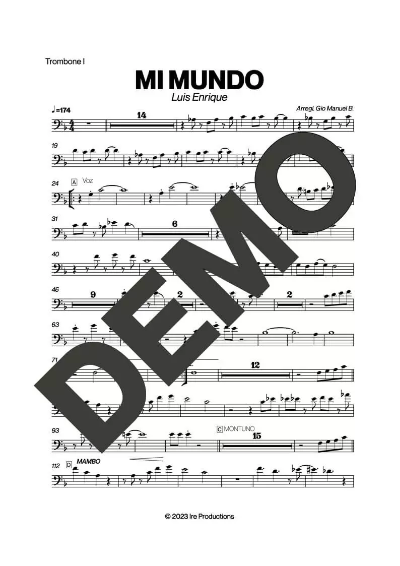 Luis Enrique – Mi Mundo – Sheet Music Demo Page 1 (PDF) – Includes charts for Trumpets, Trombones, Saxophone, Piano and Bass