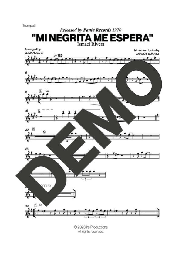 Ismael Rivera – Mi Negrita Me Espera – First Page of Sheet Music Preview (PDF) – Includes charts for Trumpets, Trombones, Saxophone, Piano and Bass