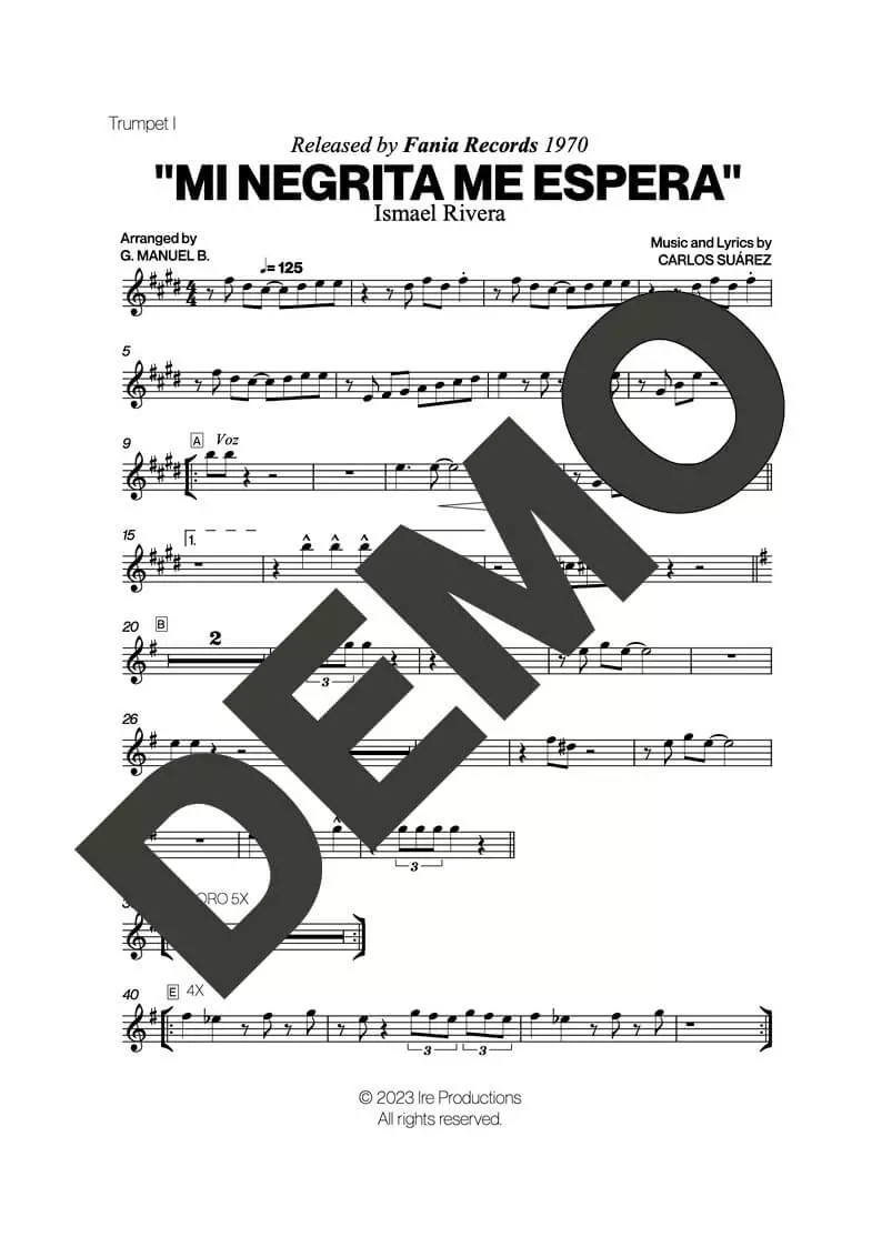 Ismael Rivera – Mi Negrita Me Espera – First Page of Sheet Music Preview (PDF) – Includes charts for Trumpets, Trombones, Saxophone, Piano and Bass