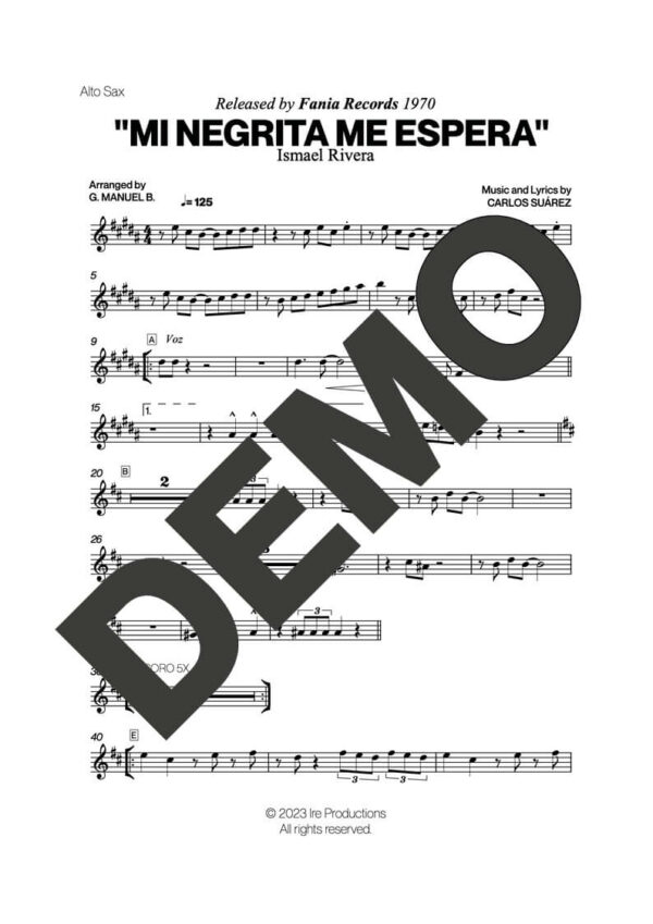 Ismael Rivera – Mi Negrita Me Espera – Sheet Music Demo Page 2 (PDF) – Includes charts for Trumpets, Trombones, Saxophone, Piano and Bass