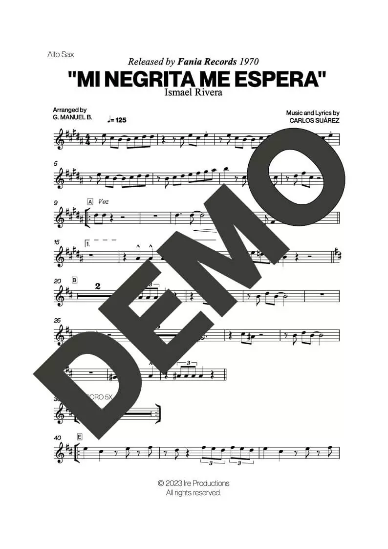 Ismael Rivera – Mi Negrita Me Espera – Sheet Music Demo Page 2 (PDF) – Includes charts for Trumpets, Trombones, Saxophone, Piano and Bass
