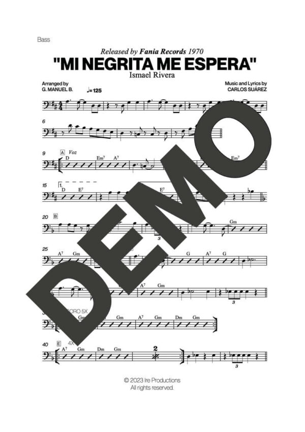 Ismael Rivera – Mi Negrita Me Espera – Sheet Music Demo Page 4 (PDF) – Includes charts for Trumpets, Trombones, Saxophone, Piano and Bass